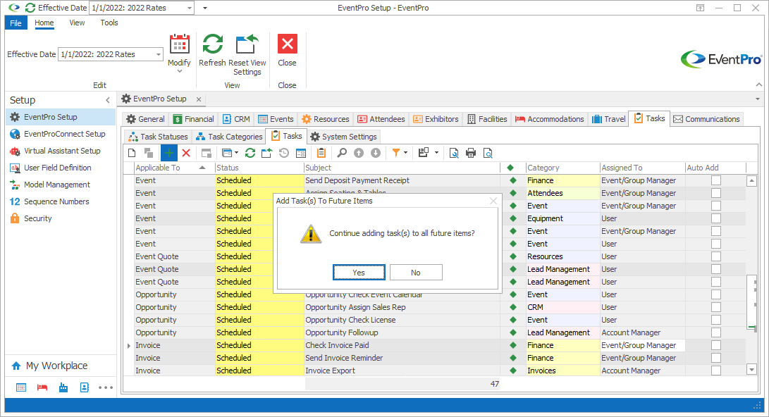 Screenshot of dialog asking whether to continue adding tasks to future items. 