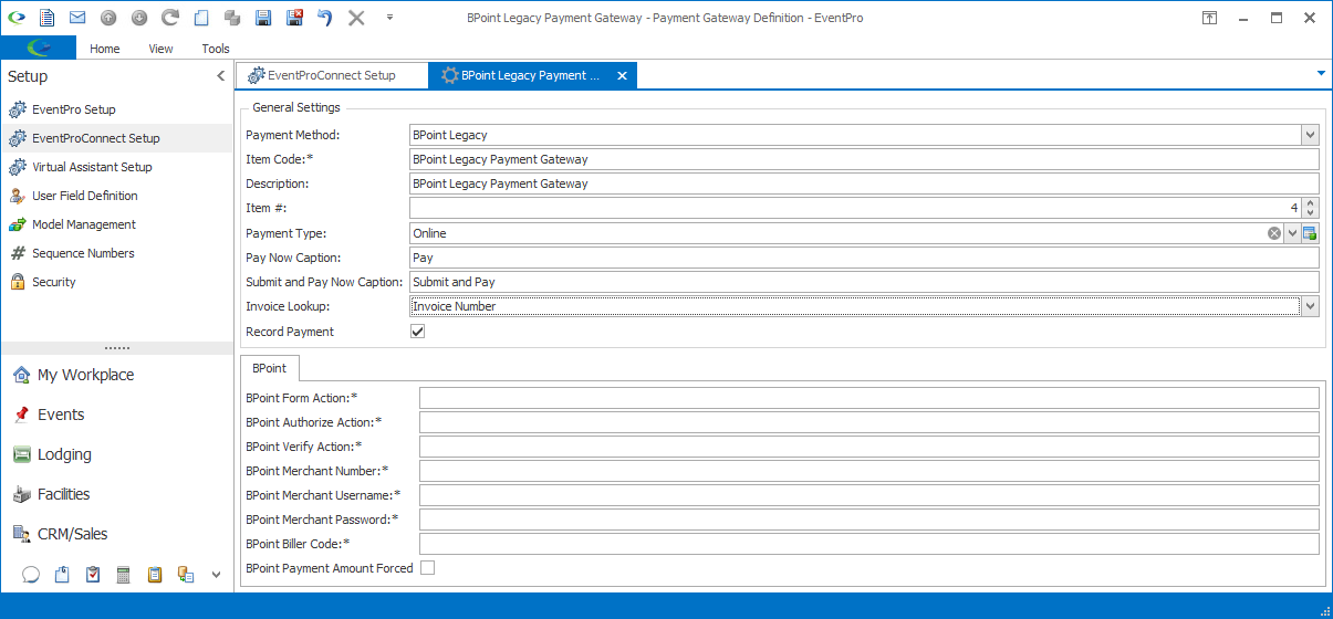 Payment Gateway Definition for Legacy BPoint