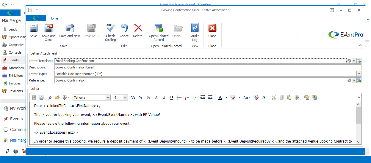 Screenshot of Letter Attachment window opened from Mail Merge Wizard. 