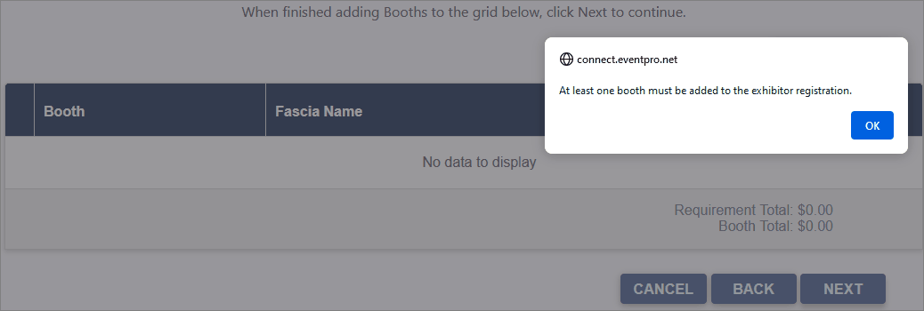 Sample exhibitor Booth Details page in browser, displaying mandatory booth pop-up message. 