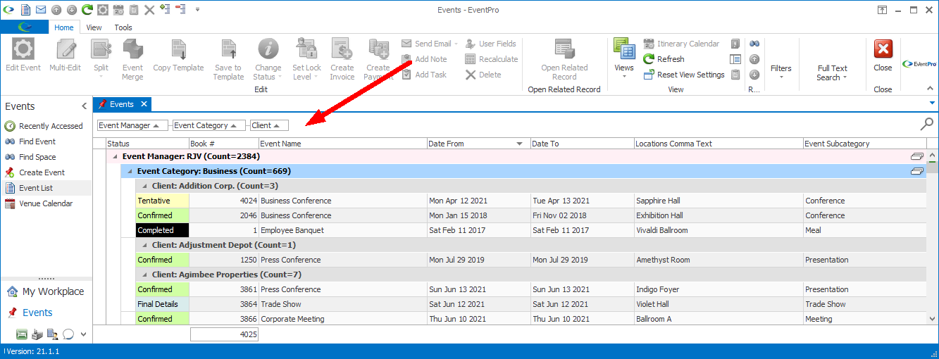 Screenshot of Events List view, pointing to Group by Box above selection grid