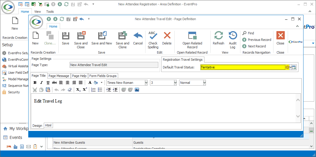 Screenshot of New Attendee Travel Edit Page Definition edit form. 