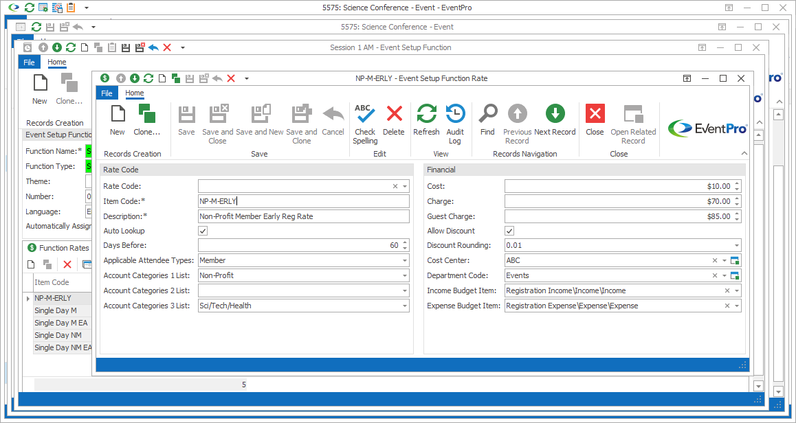 Screenshot of Event Setup Function Rate edit form. 