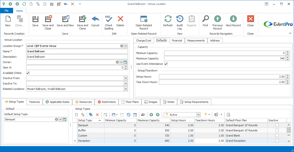 Screenshot of Venue Location edit form, displaying Defaults tab. 