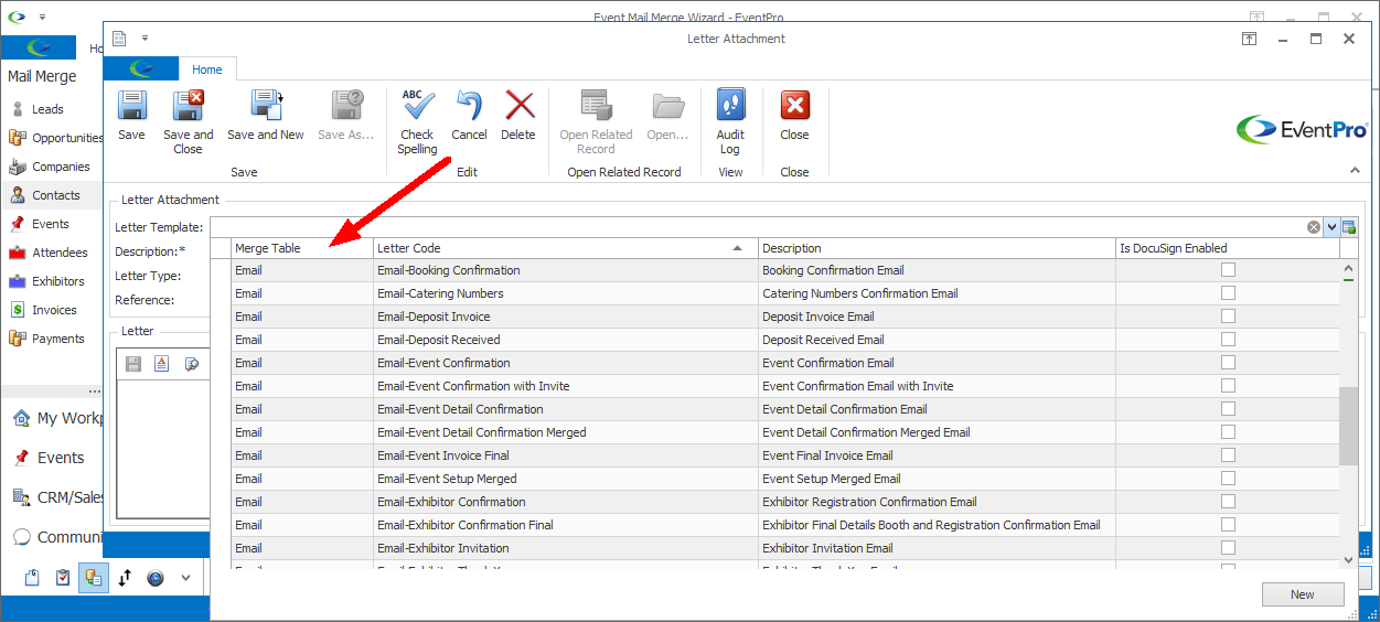 Screenshot of Letter Attachment window, showing drop-down list of Email merge table templates. 