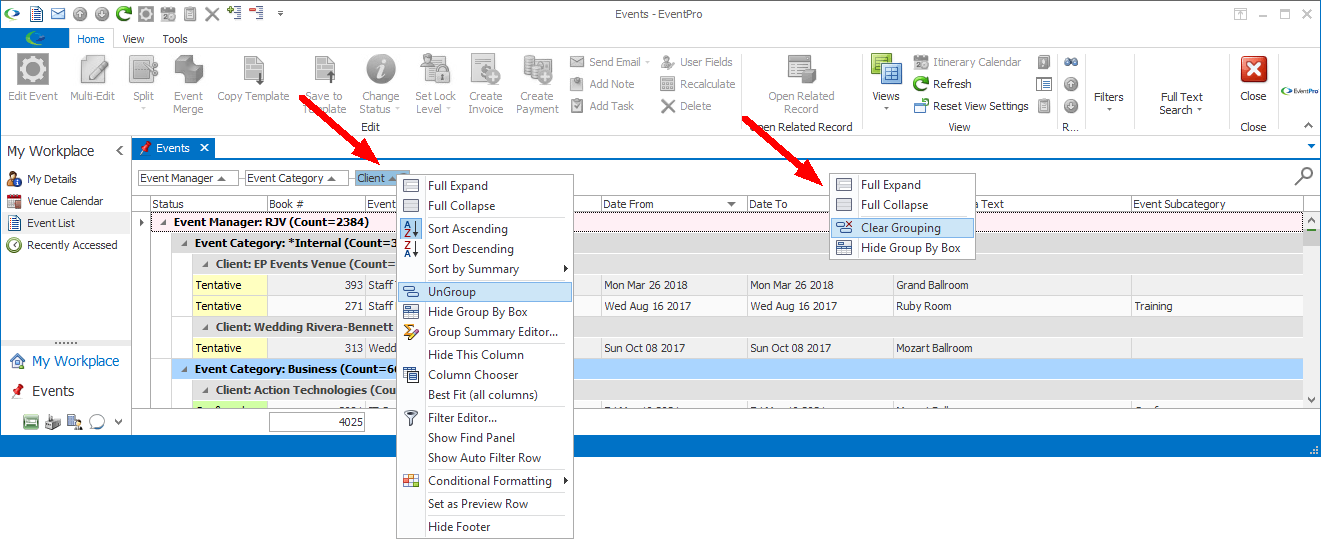 Screenshot demonstrating options to clear selection grid grouping