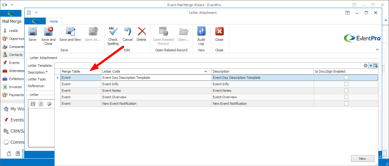 Screenshot of Letter Attachment window, showing drop-down list of Event merge table templates. 