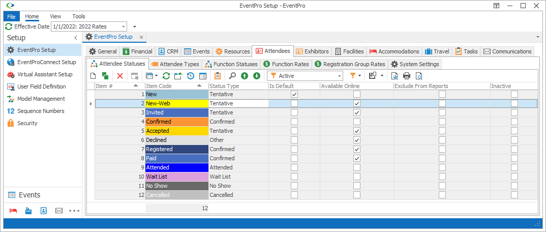 Screenshot of Attendees tab in EventPro Setup. 