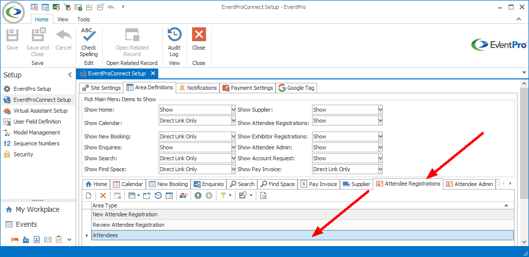 Screenshot of Attendee Registrations tab under EPConnect Setup Area Definitions. 