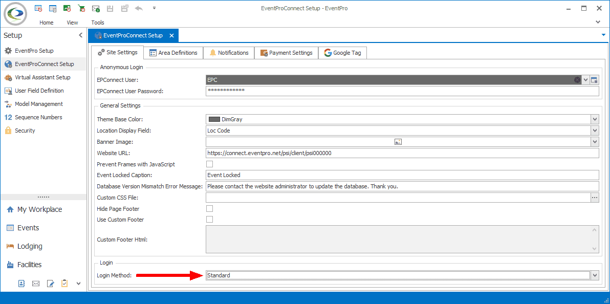 Screenshot of EPConnect Setup Site Settings, including Login Method drop-down list. 