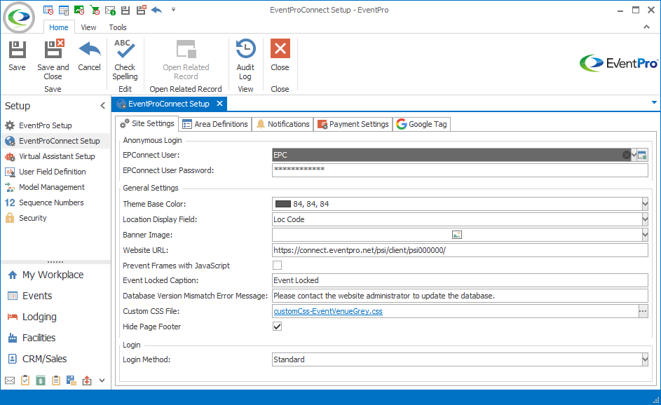 Screenshot of the EPConnect Setup area. 