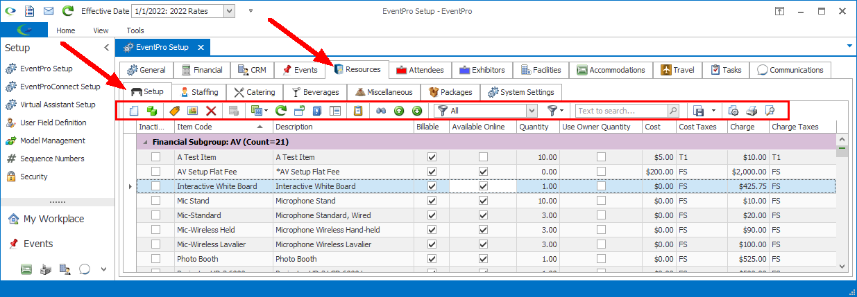 Screenshot of EventPro Setup, pointing to the Resources tab and Setup sub tab, with command ribbon outlined.