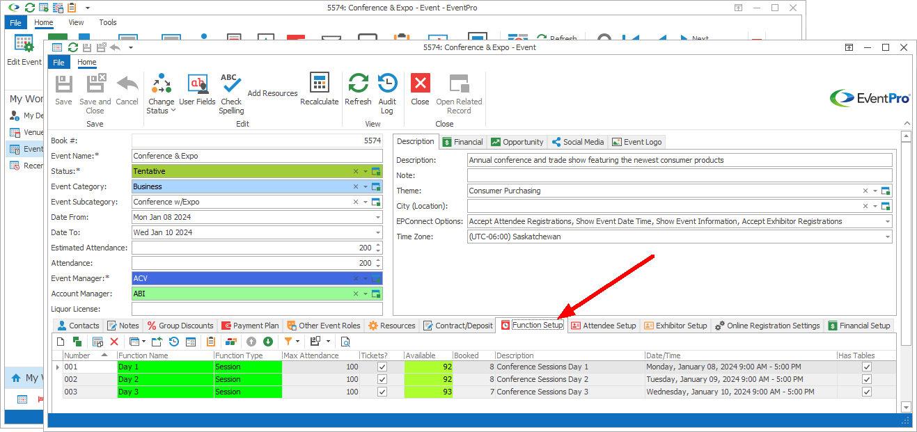 Screenshot of Edit Event window, pointing to Function Setup tab. 
