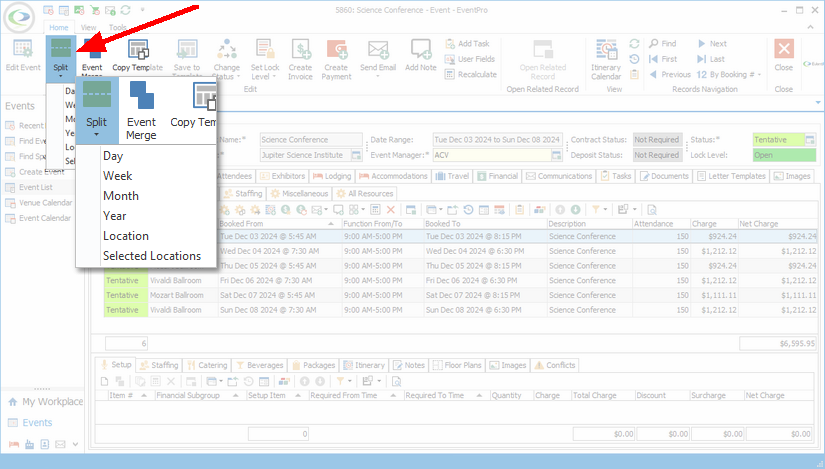Screenshot of Split button drop-down options in top ribbon of Event screen.
