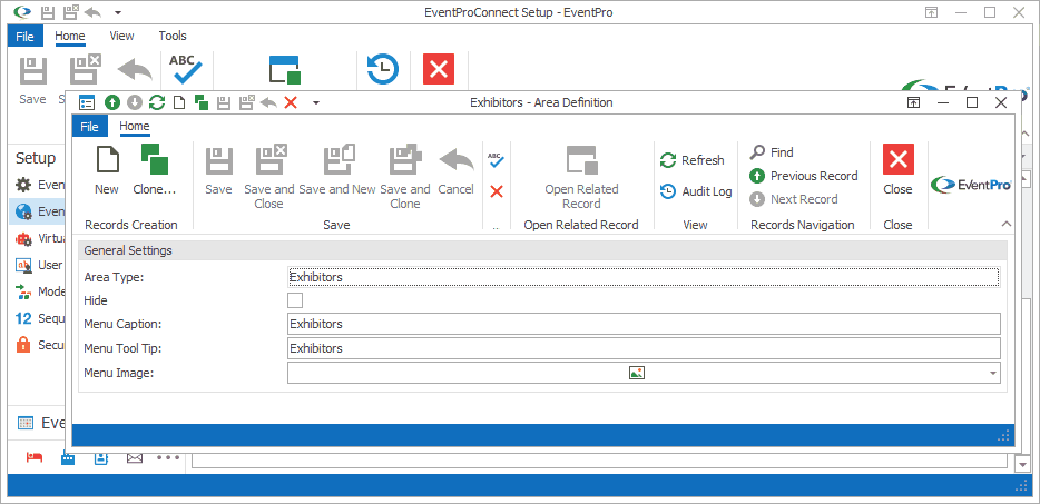 Screenshot of Exhibitors Area Definition edit form. 
