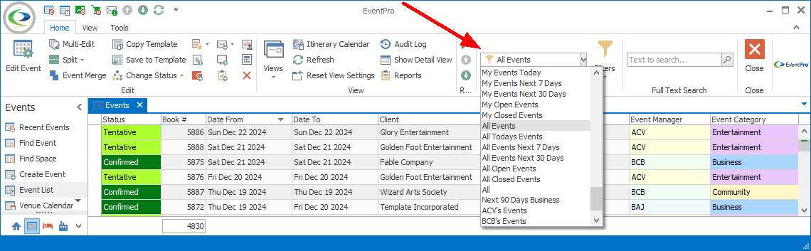 Screenshot of Event List selection grid, pointing to Grid Filter drop-down list. 