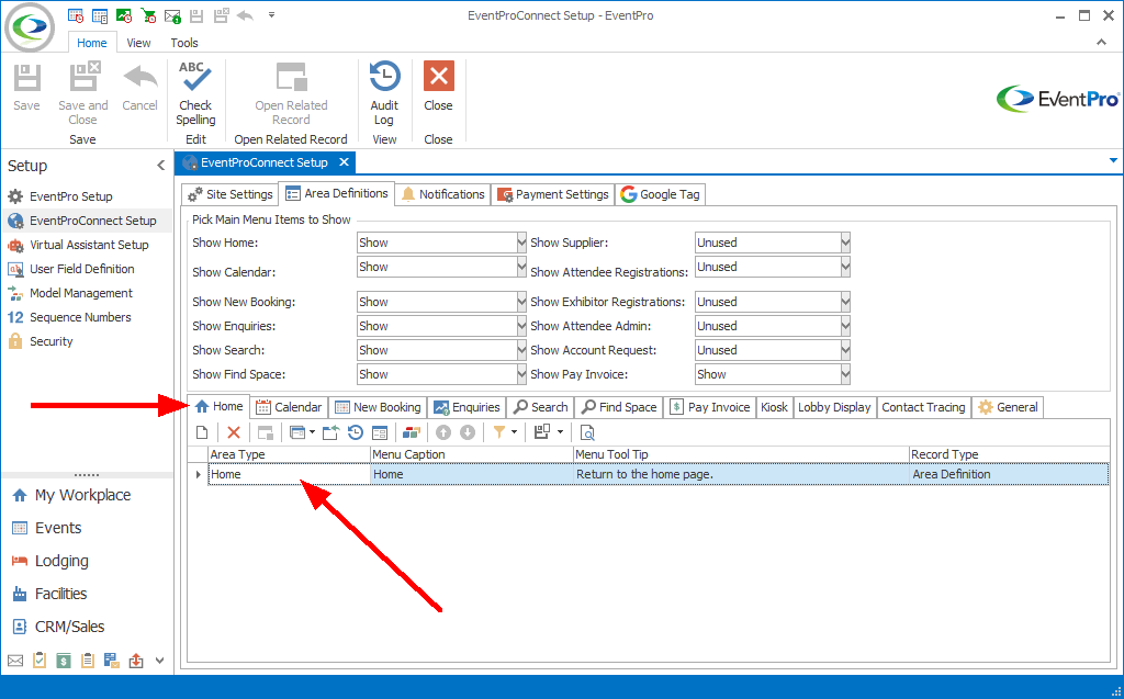 Screenshot of EPConnect Setup pointing to Home Area Definition under Home tab. 