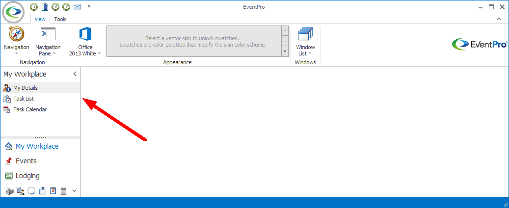 Screenshot of Navigation Pane with arrow pointing to My Workplace shortcuts. 