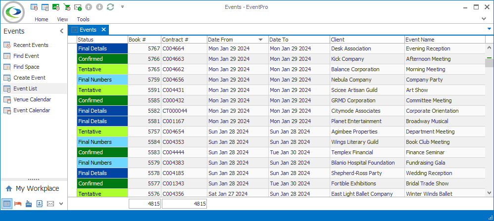 Screenshot of Event List selection grid. 