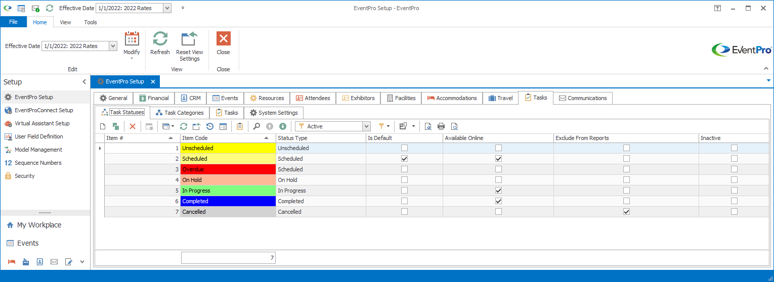 Screenshot of Task Statuses sub tab under Tasks tab in Setup. 