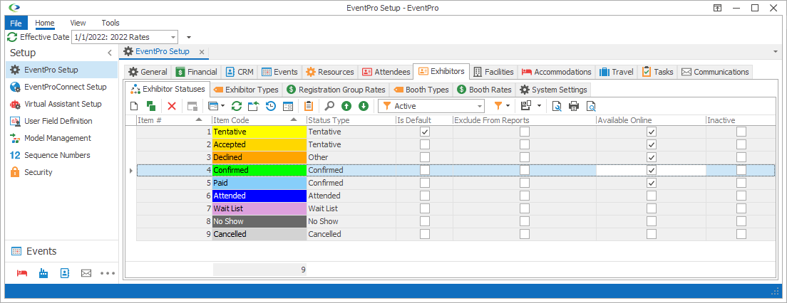 Screenshot of EventPro Setup opened to Exhibitor Statuses tab. 