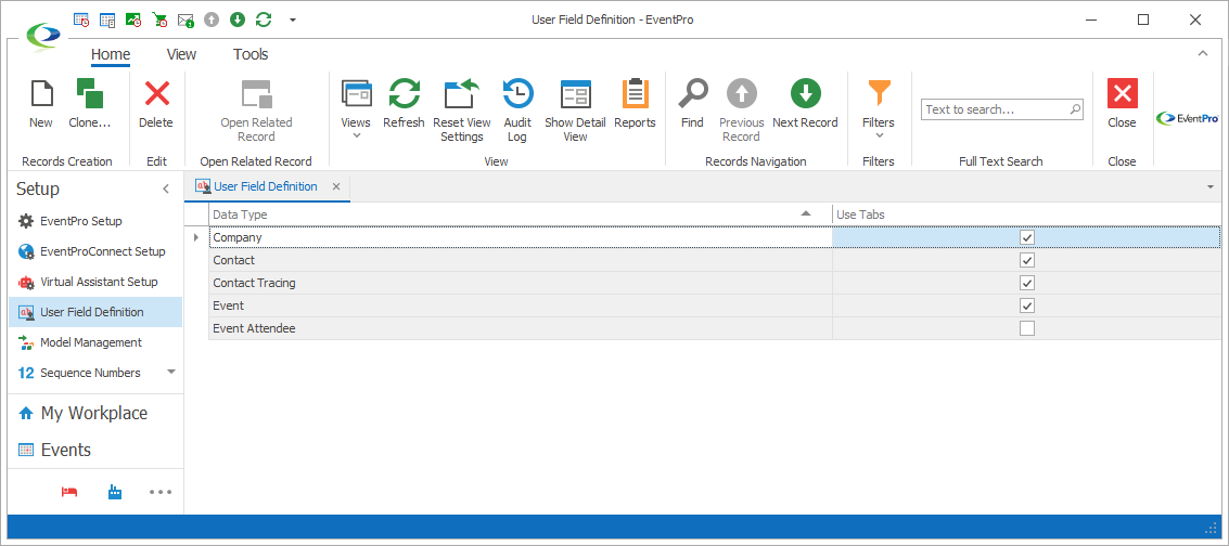Screenshot of User Field Definition area in EventPro. 