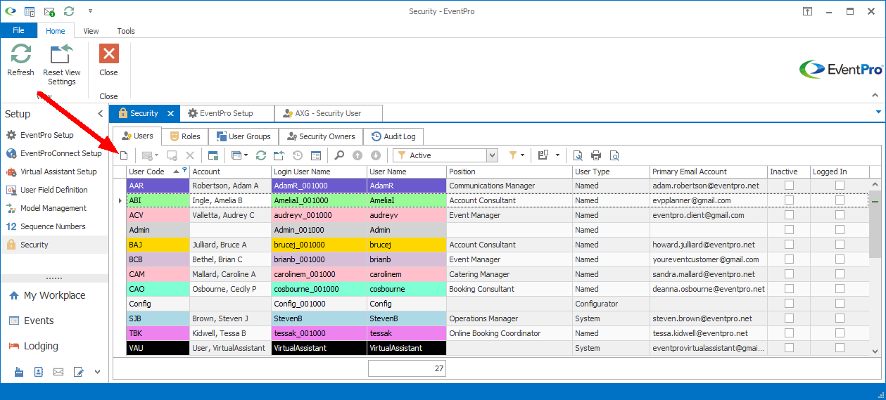 Screenshot of Setup Security Users tab, pointing to New button. 
