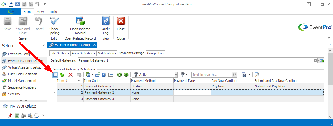 EPConnect Setup, Payment Settings tab, pointing to New Payment Gateway button