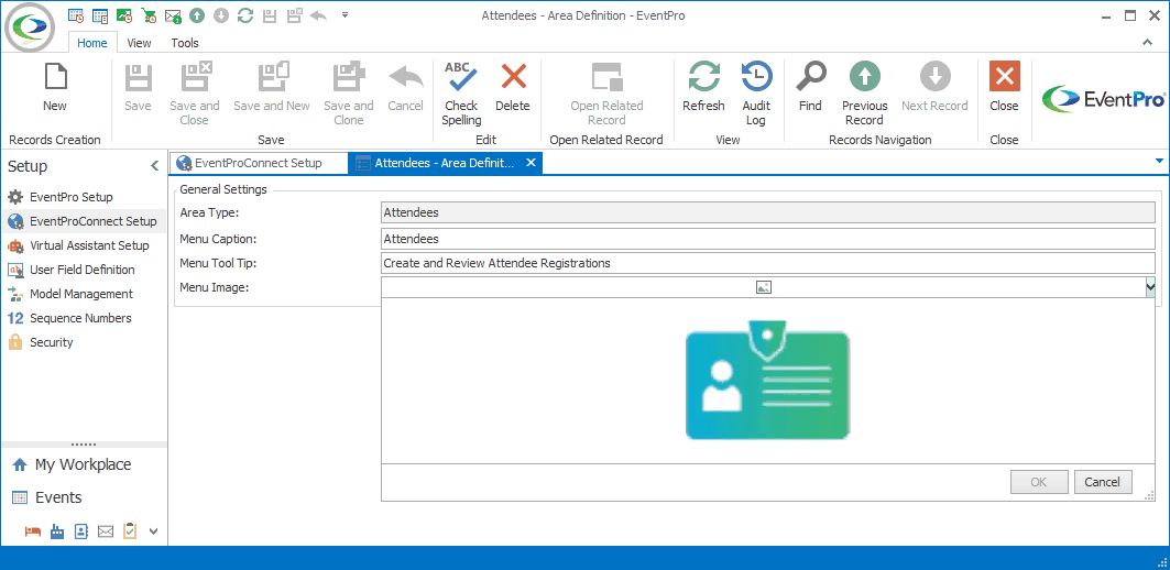 Screenshot of Attendees Area Definition edit form opened from EPConnect Setup. 