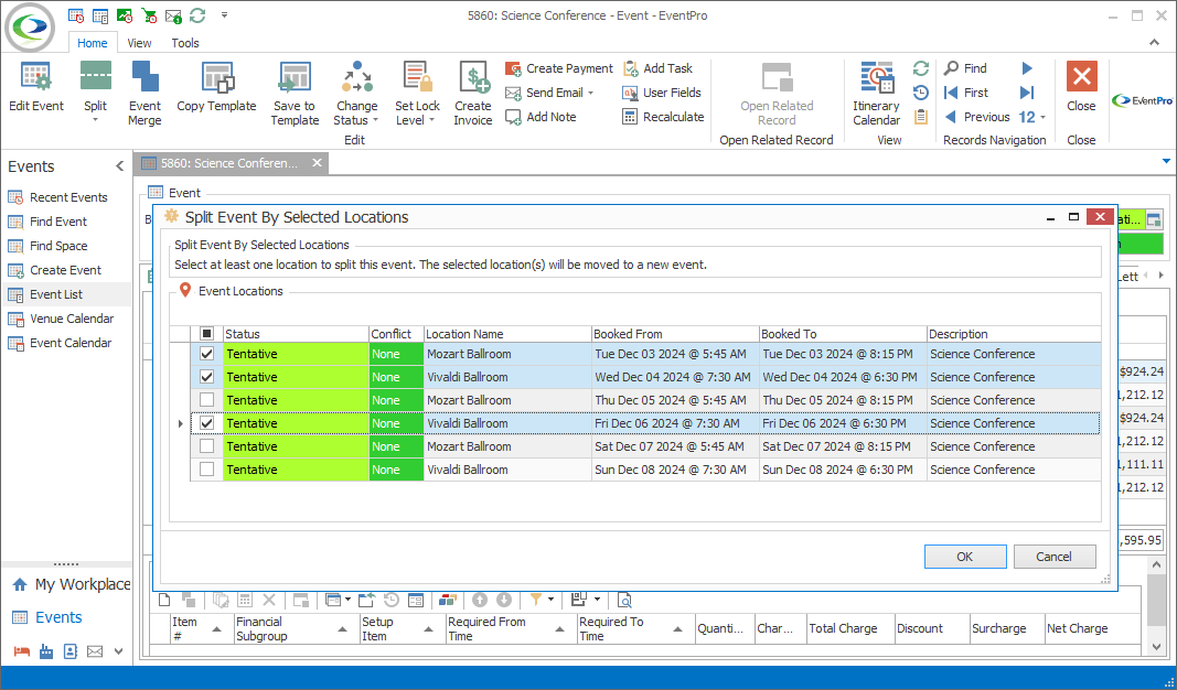 Screenshot of Split Event by Selected Locations window opened from Split Selected Locations command in Event Screen. 