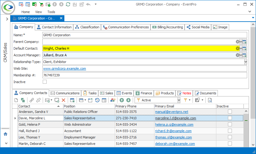 Screenshot of Company Contacts selection grid in Company edit form. 