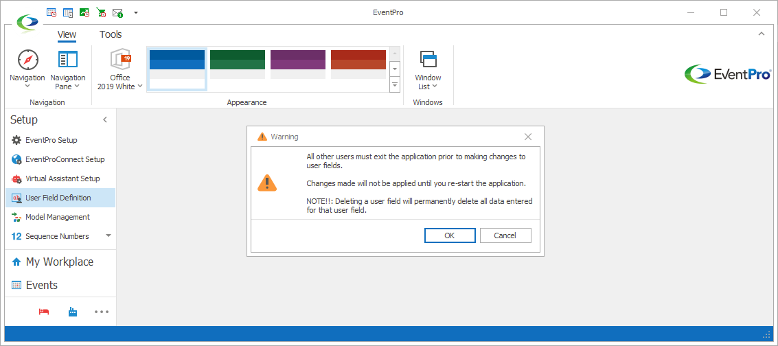 Screenshot of warning dialog that appears before User Field Definition area opens. 