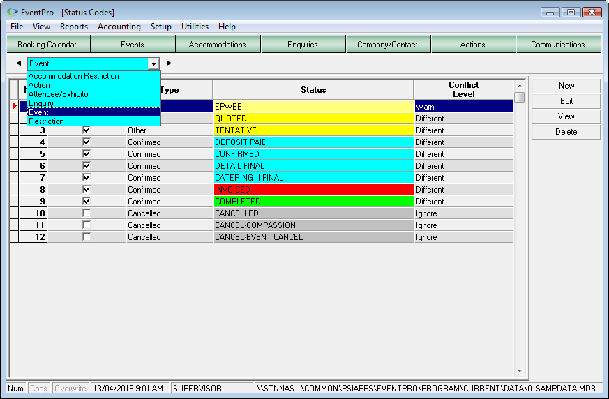 Screenshot of Status Code setup area in EventPro version 6