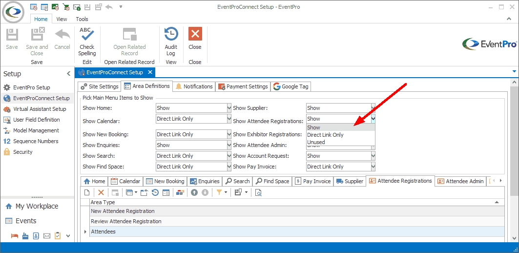 Screenshot of EPConnect Setup Area Definitions, choosing to show Attendees item in menu. 