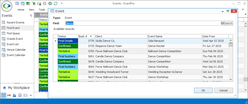 Screenshot of Event Find dialog, with speed menu Column Chooser command. 