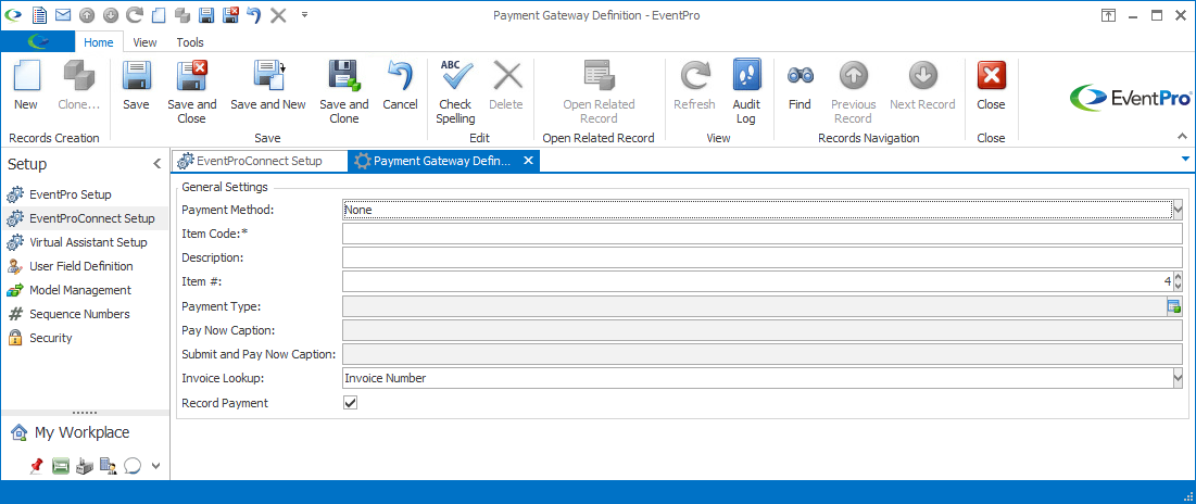 EPConnect Setup, new Payment Gateway Definition edit form