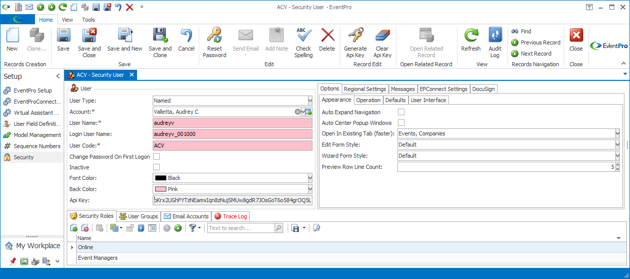 Screenshot of Security User edit form with API Key field populated
