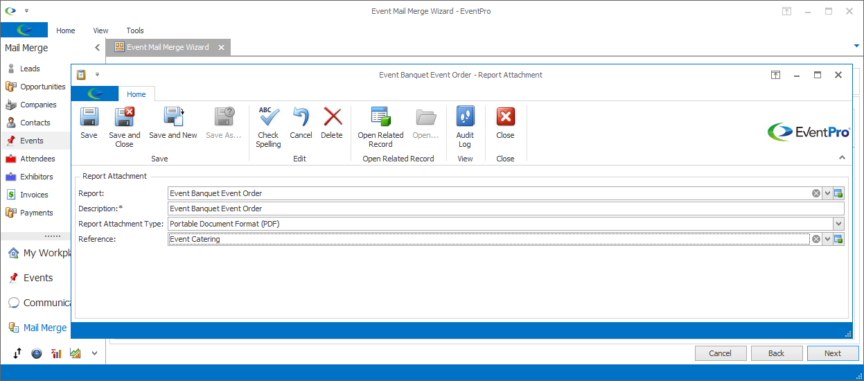 Screenshot of Report Attachment window opened from Event Mail Merge Wizard. 