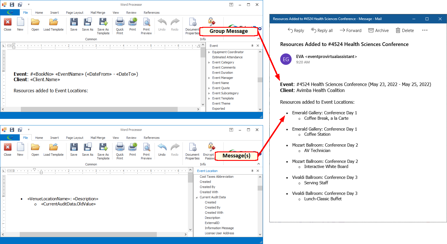 Change notification email demonstrating Group Message and individual Messages. 