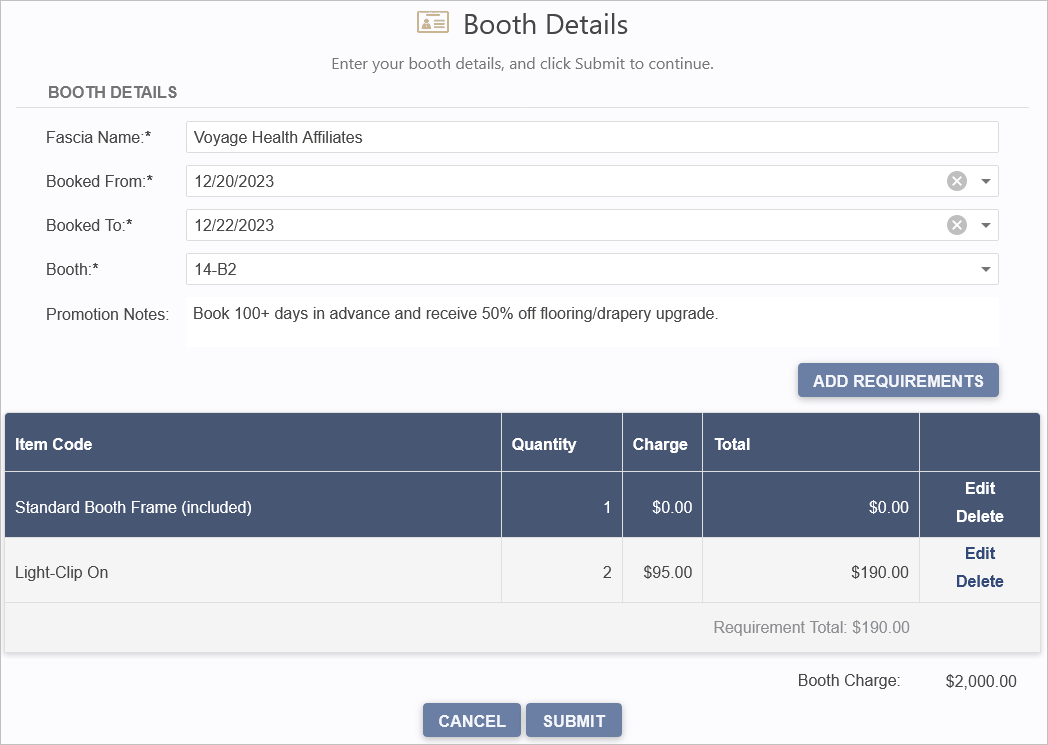 Sample Exhibitor Booth Details page after selecting a booth. 