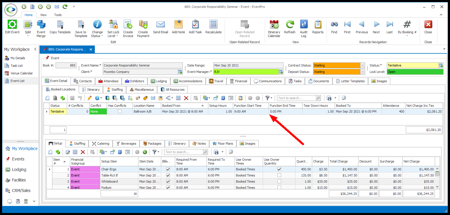 Screenshot of Event Screen, pointing to Booked Location's Function Times. 