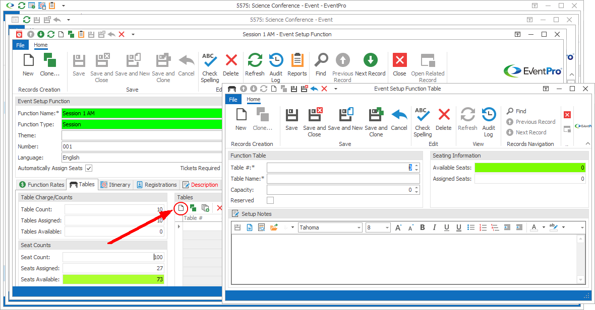 Screenshot of Event Setup Function Table edit form. 