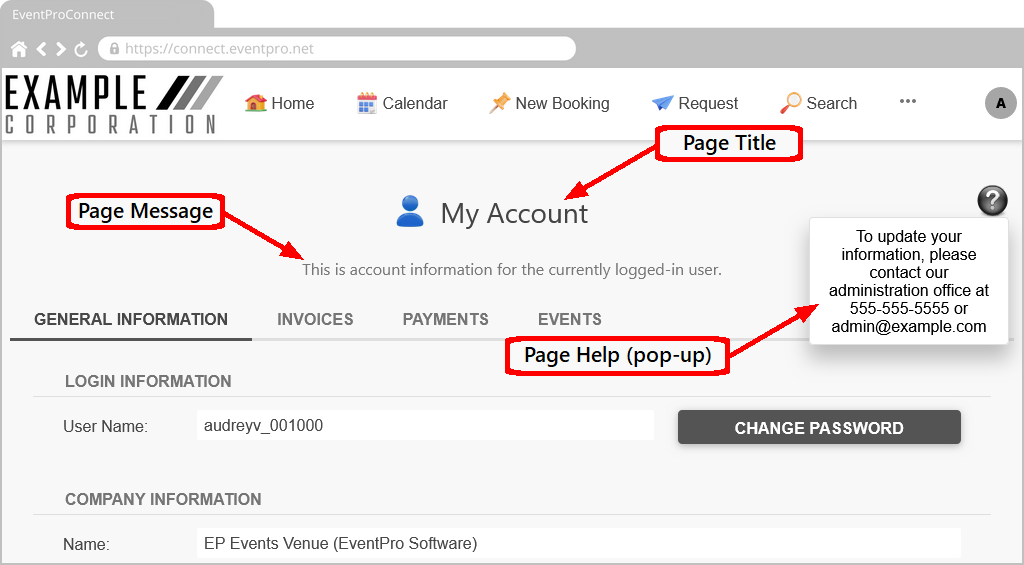 Screenshot of sample EPConnect webpage with Page Title, Message, Help labelled. 