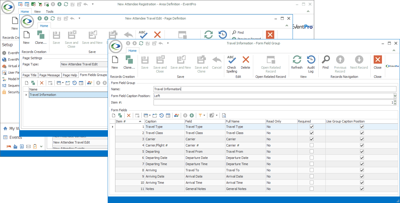 Screenshot of Travel Information Form Field Group edit form, opened from New Attendee Travel Edit page definition. 