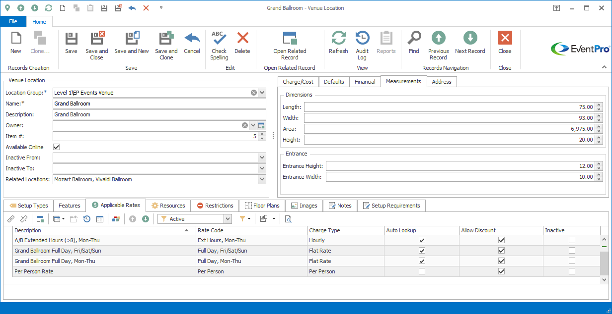 Screenshot of Venue Location edit form, displaying Measurements tab. 