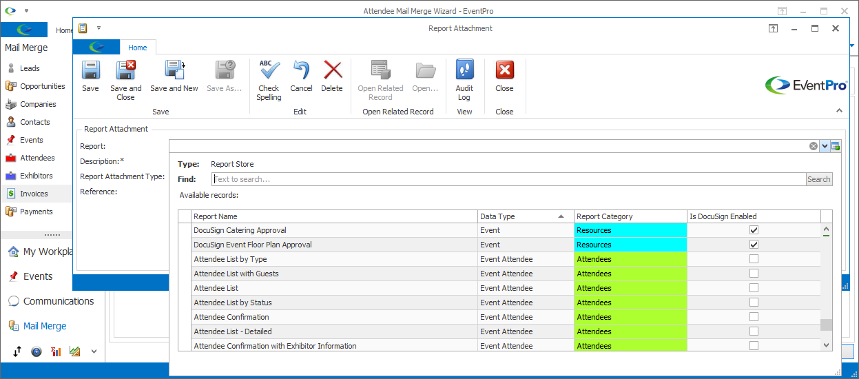 Screenshot of mail merge Report Attachment window, displaying Report selection drop-down list. 