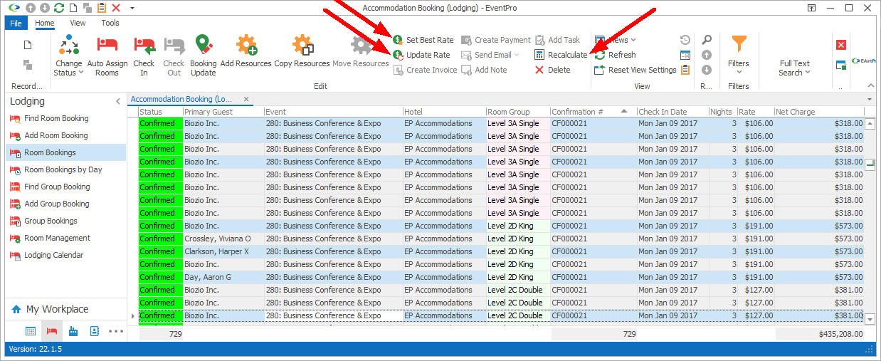 Figure 391: Recalculating Multiple Lodging Bookings 