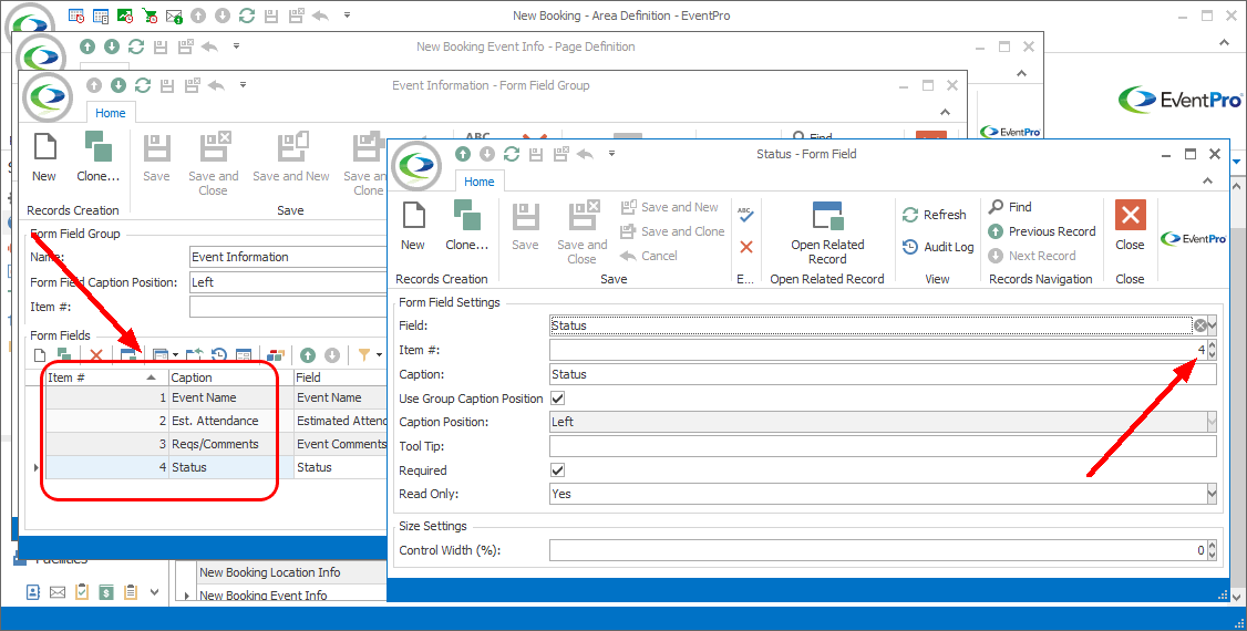 Screenshot of Form Field and Group edit forms, pointing to Item Numbers. 