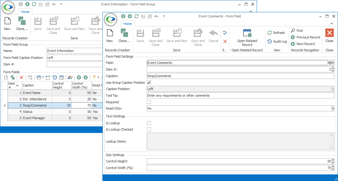 Screenshot of Form Field edit form, with edited Control Height and Control Width Size Settings. 