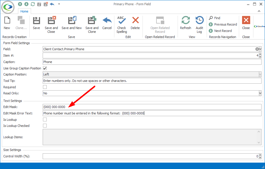 Screenshot of Form Field edit form, pointing to Edit Mask. 